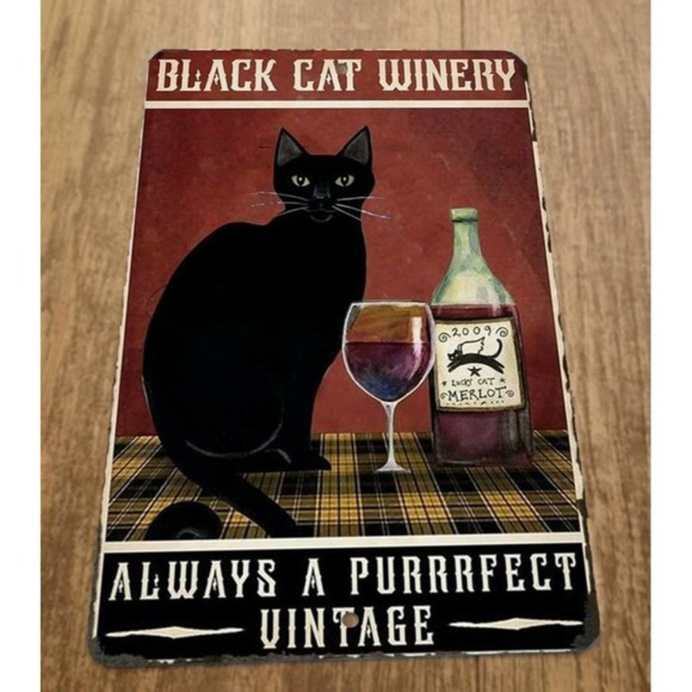 Black Cat Winery Always Purrrfect Vintage 8x12 Metal Wall Animal Bar Sign